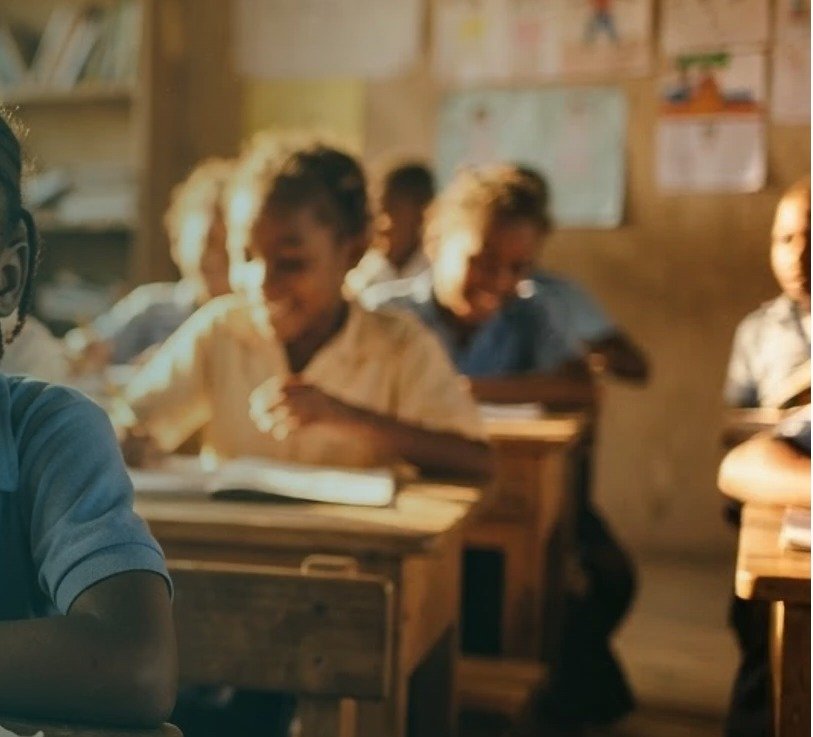 A smiling student in a classroom in Haiti
